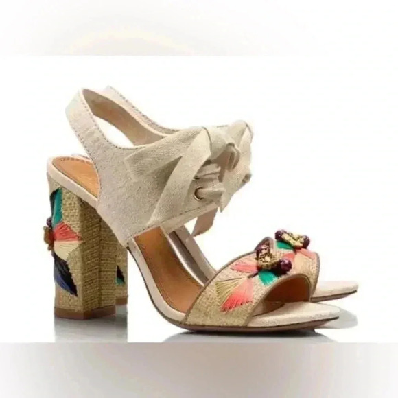 TORY BURCH Geraldine Raffia & Linen Lace-Up Sandals Size 9.5 - Picture 1 of 13